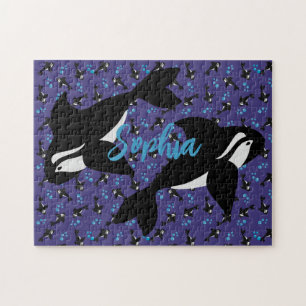 Orca Whale mit Blasen Lila blauer Hintergrund
