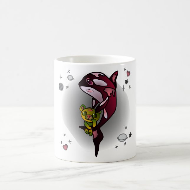Orca Whale mit Teddy Bear im Space Graphic Design Kaffeetasse (Mittel)