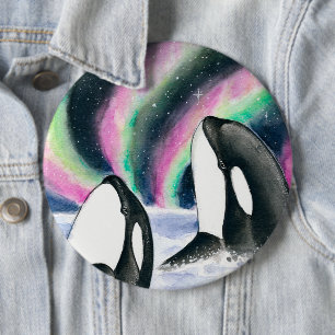 Orca Whales Galaxy Northern Lights Wasserfarbe Button