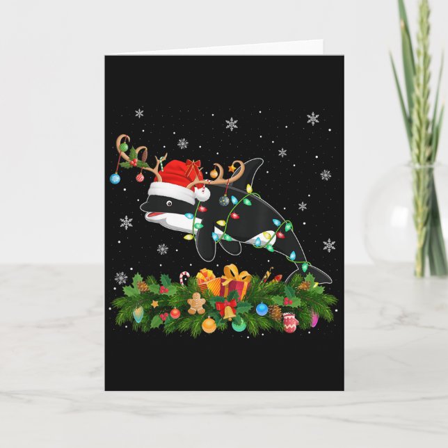 Orca Xmas Lighting Reindeer Santa Hat Orca Christm Karte (Vorderseite)