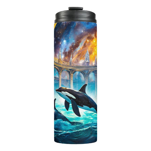 Orcas in Galaxy Castle Design von Rich AMeN Gill Thermosbecher (Vorderseite)