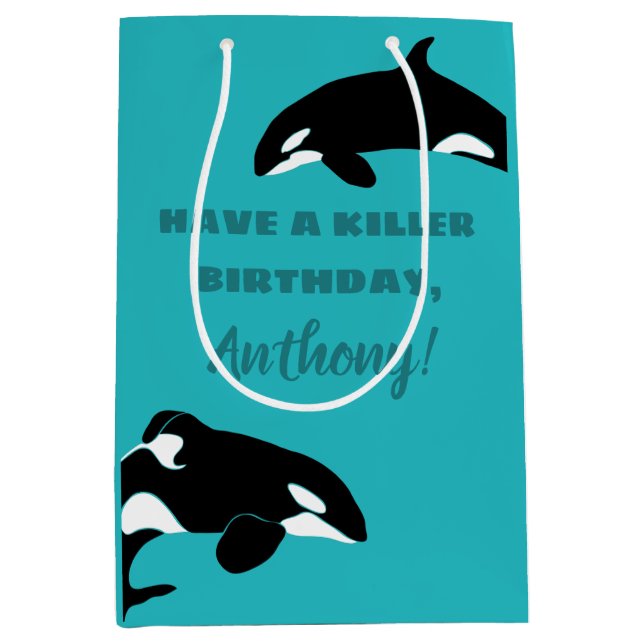 Orcas Killer Whales Aquamarin Blue Personalisiert Mittlere Geschenktüte (Vorderseite)