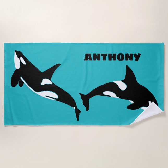 Orcas Killer Whales Aquamarin Blue Personalisiert Strandtuch (Vorderseite)