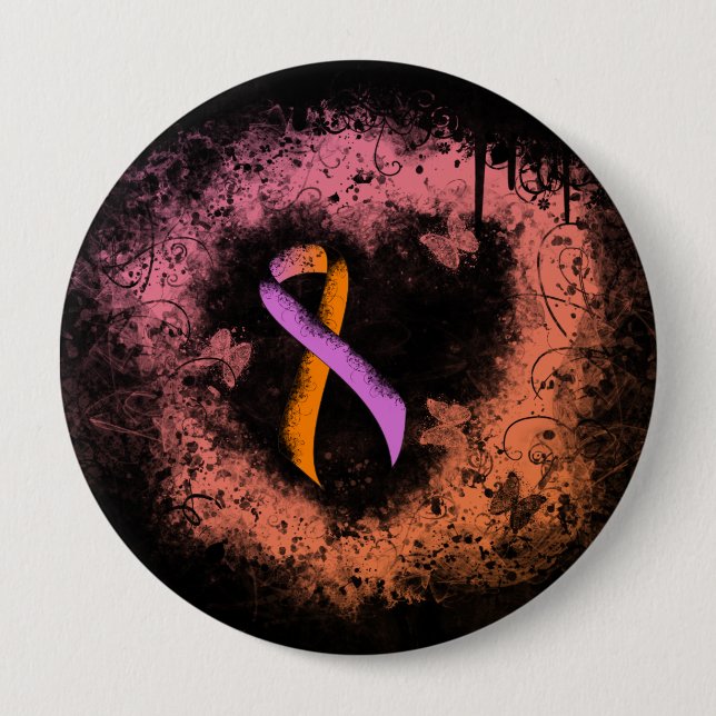 Orchid and Orange Awareness Ribbon Grunge Herz Button (Vorderseite)