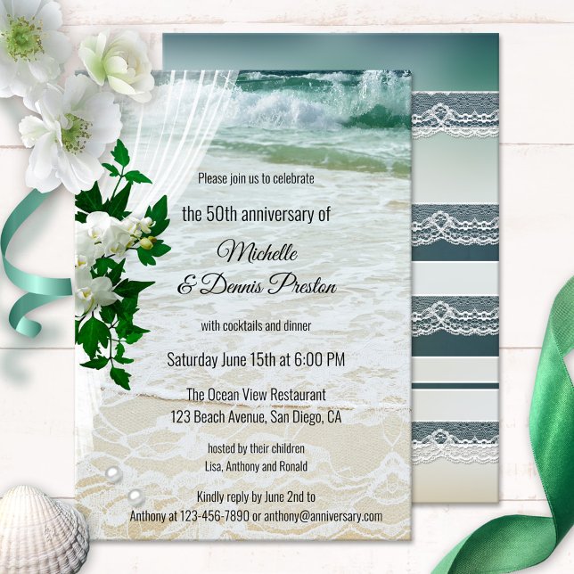 Orchid Beach and Lace Jubiläum Party Einladung (Anniversary invitation showing white orchid flowers on a wedding veil overlooking a beach with lace)