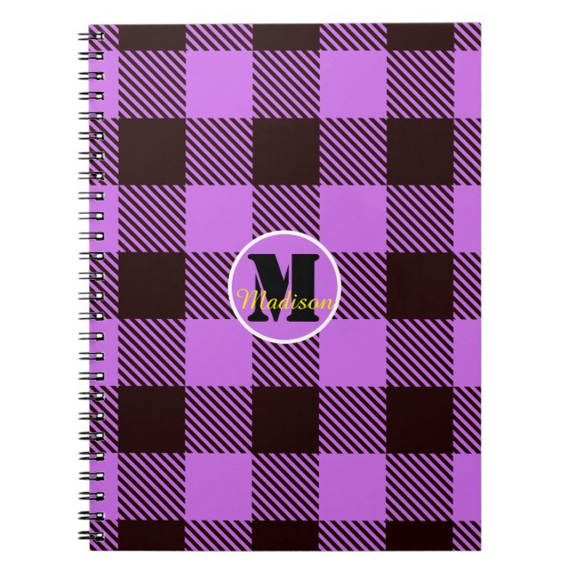 Orchid Black Kariert Tartan Monogram Script Name Notizblock (Vorderseite)