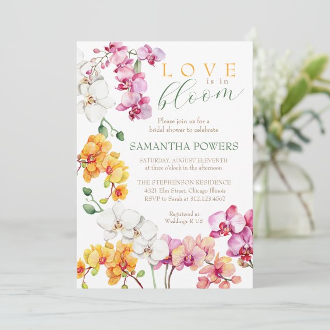 Orchid Floral Bridal Einladung (Stehend Vorderseite)