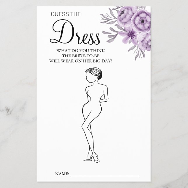 Orchid Guess the Dress Bridal Shower game card Flyer (Vorne)