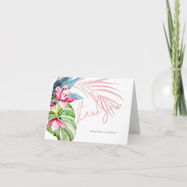 Orchid Isle, Pink+Blue Tropical Floral Vielen Dank Dankeskarte (Vorderseite)