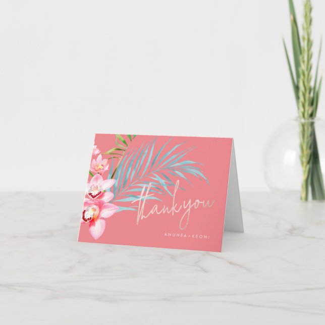 Orchid Isle, Pink+Blue Tropical Floral Vielen Dank Dankeskarte (Vorderseite)