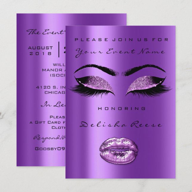Orchid Lila Glitzer Brautparty Sweet 16. Einladung (Vorne/Hinten)