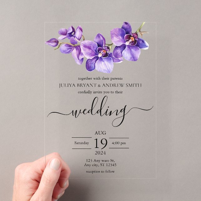 Orchid lila und weiße Script Hochzeit Acryleinladungen (Insitu (Handheld))