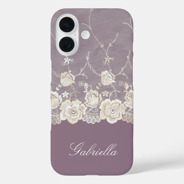 Orchid Lila White Lace Floral iPhone 16 Hülle (Rückseite)