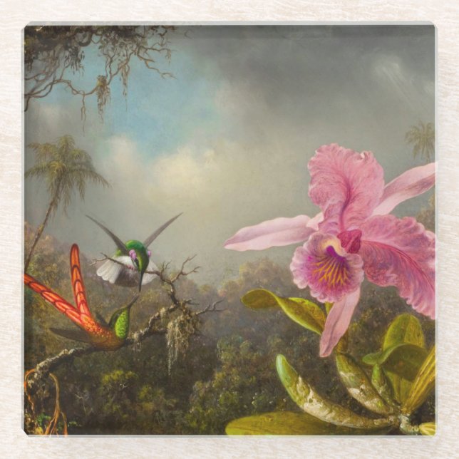 Orchid mit zwei Hummingbirds Heade Glasuntersetzer (Vorderseite)