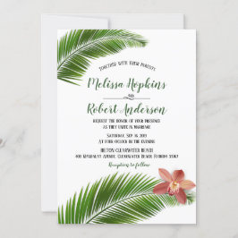 Orchid & Palmblättrige Hochzeitsinspekte mit tropi Einladung