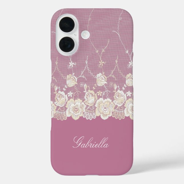 Orchid Pink White Lace Floral iPhone 16 Hülle (Rückseite)