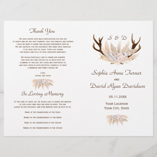 Orchid Rose Pampas Grass Antlers Hochzeitsprogramm (Vorne)