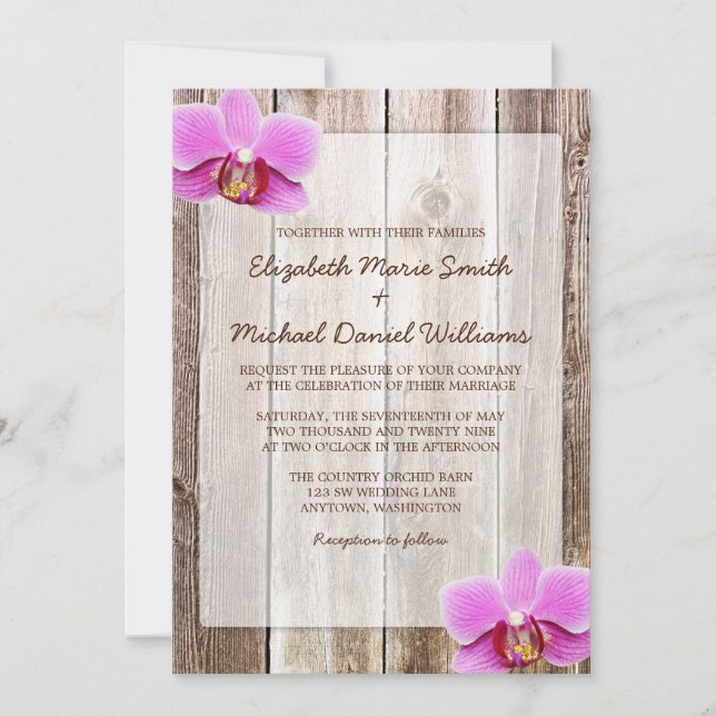 Orchid Rustic Barn Wood Wedding Einladungen (Vorderseite)
