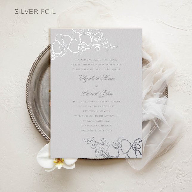 Orchid Timeless Ivory Classic Formal Wedding Folieneinladung (orchid wedding invitation formal traditional classic parents ivory faux embossed art sketch foil)