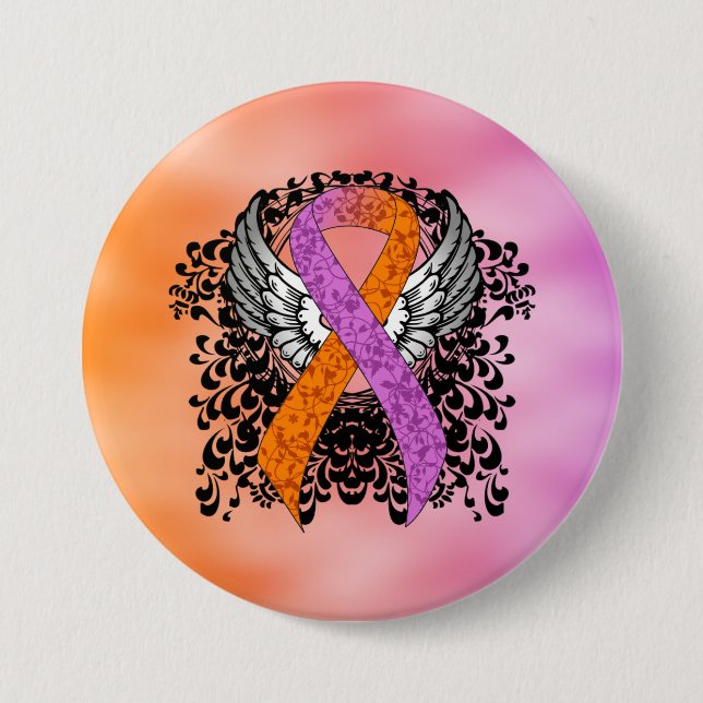 Orchid und Orange Awareness Ribbon mit Flügeln Button (Vorderseite)