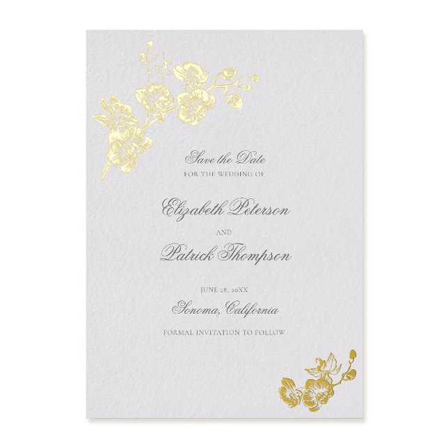 Orchid Vows Elfenbein formales klassisches Hochzei Folieneinladung (formal wedding save the date card orchids gold foil modern classic traditional art ivory elegant)