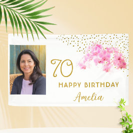 Orchid Watercolor Gold Glitter 70th Birthday Photo Banner