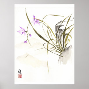 Orchidee neben dem alten Felsen Chinesische Pinsel Poster
