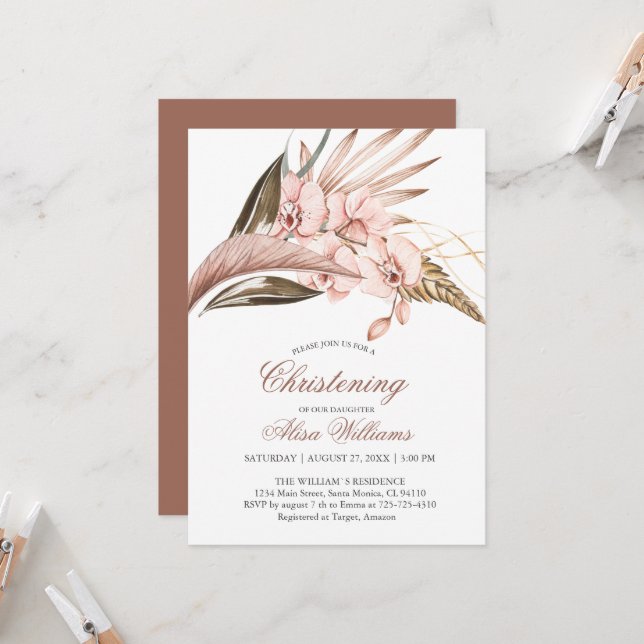 Orchidée Pampas Terracotta Christening Invitation  (Devant/Arrière en situation)