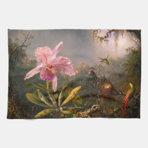Orchidée rose et trois colibris Serviette de cuis