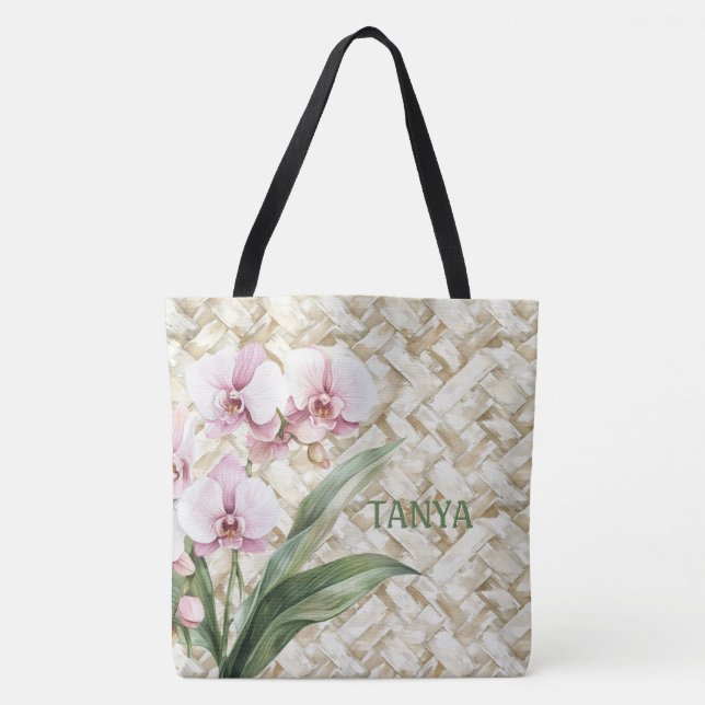 Orchideen auf Woven Pattern | Personalisiert Tasche (Vorderseite)