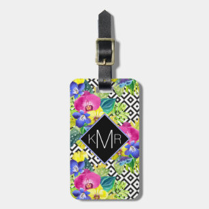 Orchideen-Begonie und Monogramm der Palmblatt-  Gepäckanhänger