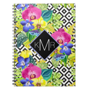 Orchideen-Begonie und Monogramm der Palmblatt- Notizblock