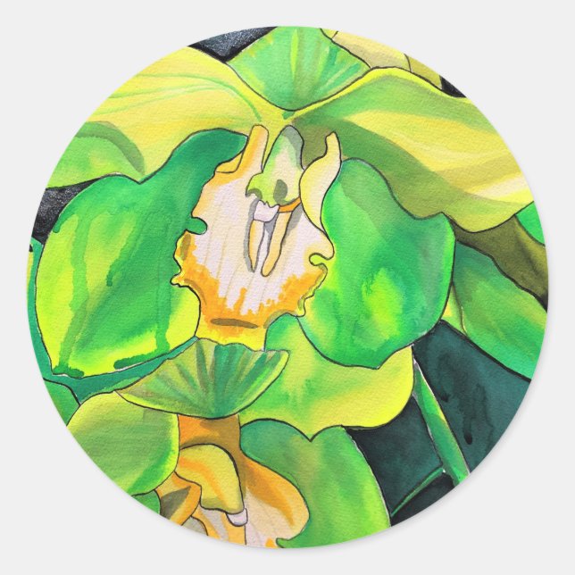 Orchideen-Blume, grün und gelb Runder Aufkleber (Vorderseite)