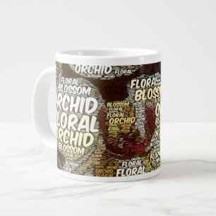 Orchideen-Blumenblüte über Burgunder-Wort-Wolke Jumbo-Tasse