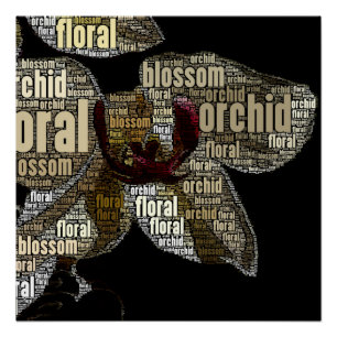 Orchideen-Blumenblüte über schwarzer Wort-Wolke Poster