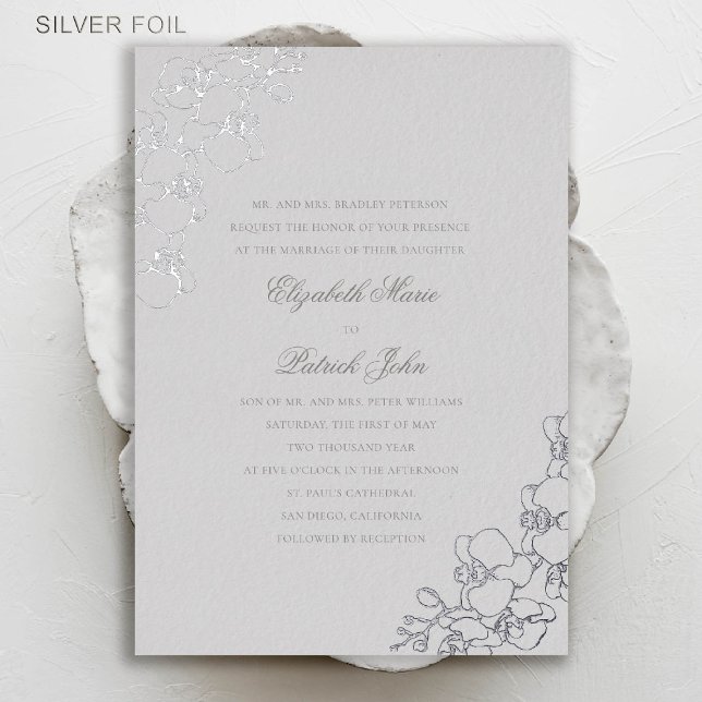 Orchideen Elfenbeinfoil Feierliche traditionelle H Folieneinladung (orchids wedding invitation formal traditional modern classic elegant classy ivory silver foil)