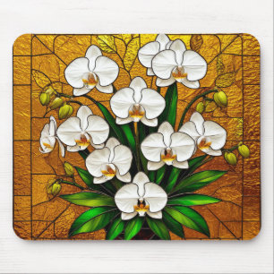 Orchideen in einem Bleiglas-Kunstwerk mit Gold Mousepad