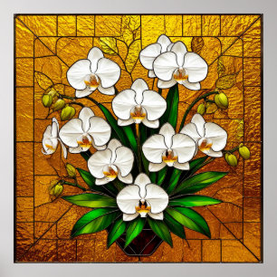 Orchideen in einem Bleiglas-Kunstwerk mit Gold Poster