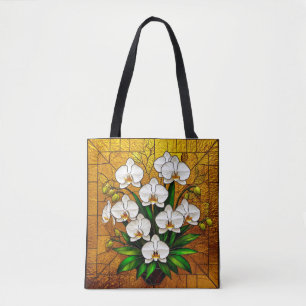 Orchideen in einem Bleiglas-Kunstwerk mit Gold Tasche