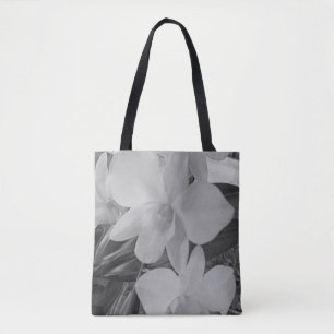 Orchideen in Graustufen auf voll bedrucktem Totbeu Tasche