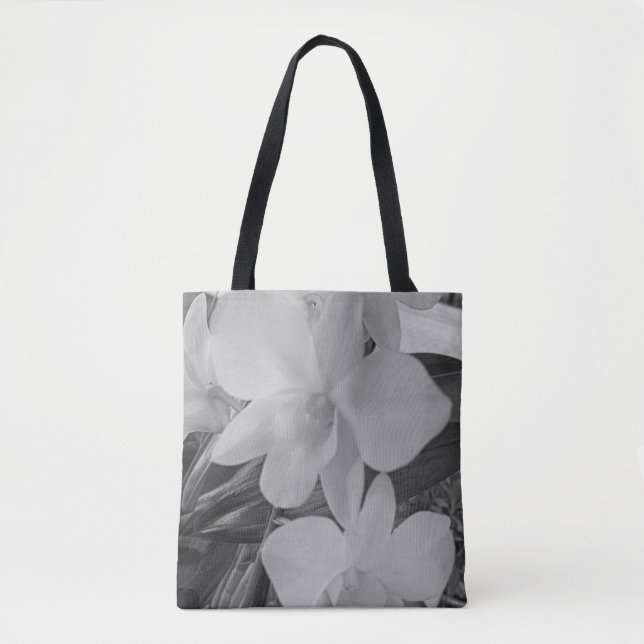Orchideen in Graustufen auf voll bedrucktem Totbeu Tasche (Vorderseite)