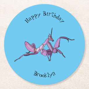 Orchideen-Mantis Cartoon-Illustration Runder Pappuntersetzer