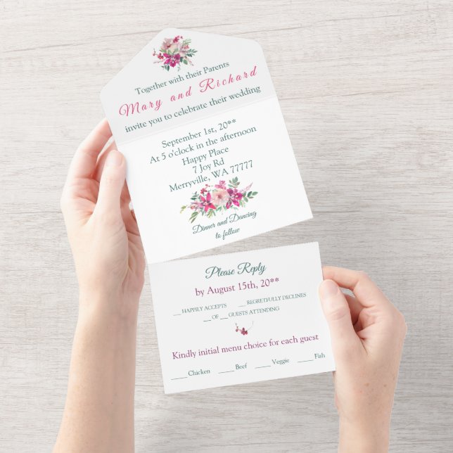 Orchideen & Rose Hochzeit mit Blumen All In One Einladung (Abreißen)
