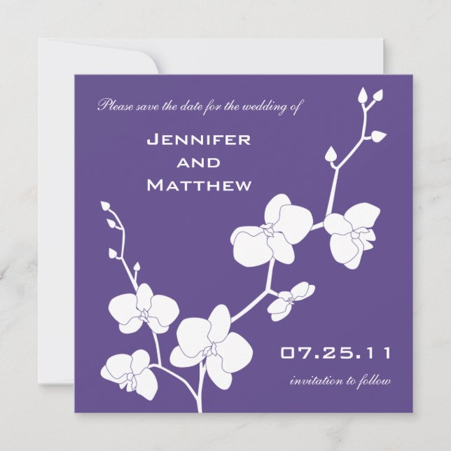 Orchideen Save the Date - Tief Lila und weiß (Vorderseite)