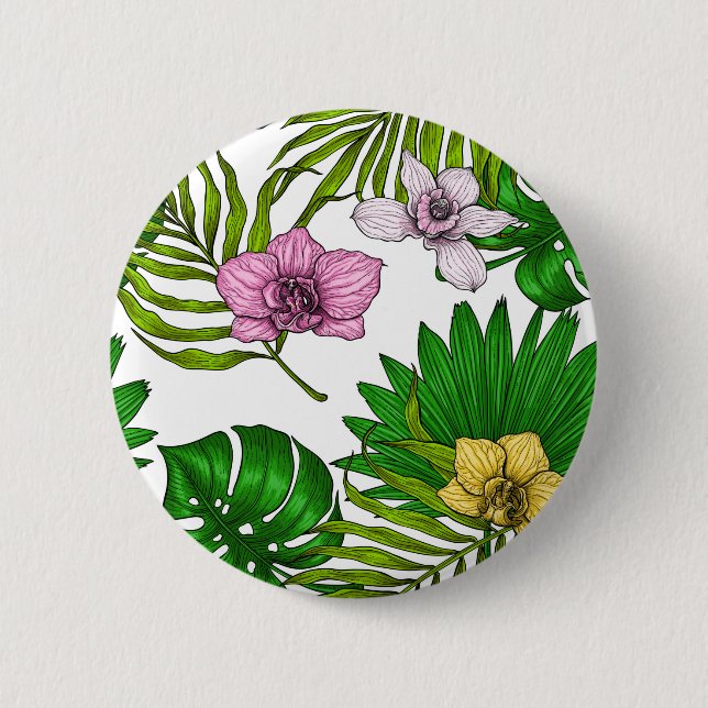 Orchideen und Blätter aus Palmen, rosa, gelb, grün Button (Vorderseite)