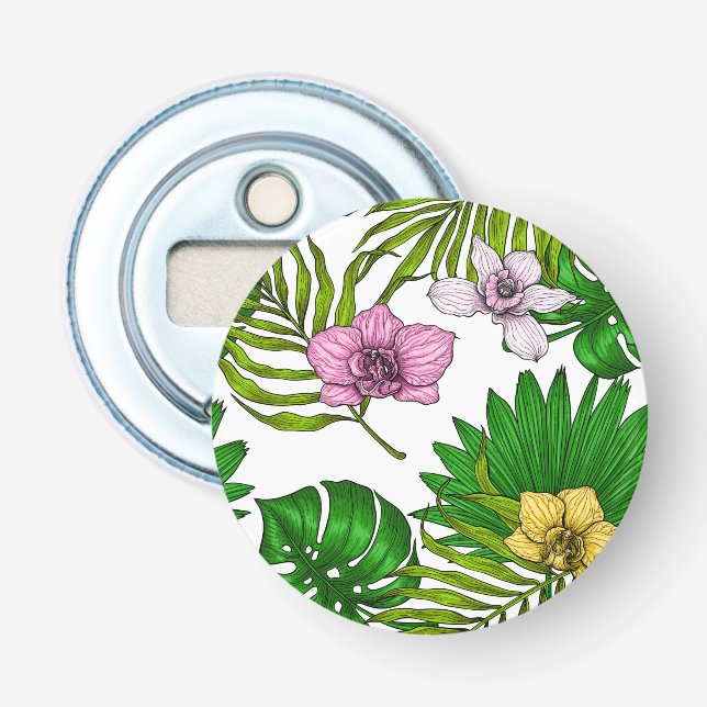 Orchideen und Blätter aus Palmen, rosa, gelb, grün Flaschenöffner (Vorderseite)