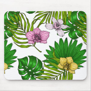 Orchideen und Blätter aus Palmen, rosa, gelb, grün Mousepad