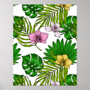 Orchideen und Blätter aus Palmen, rosa, gelb, grün Poster