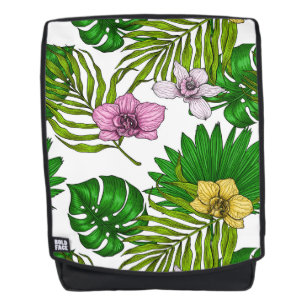 Orchideen und Blätter aus Palmen, rosa, gelb, grün Rucksack