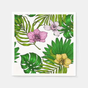 Orchideen und Blätter aus Palmen, rosa, gelb, grün Serviette